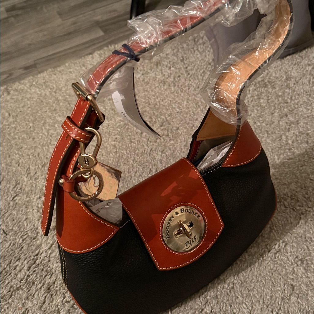 Dooney & Bourke Black And Tan Leather Shoulder Bag (W/ Strap)